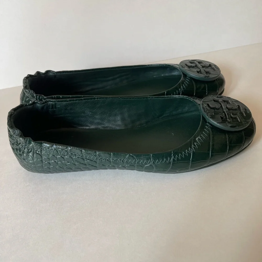 Tory Burch Green Croc-Embossed Minnie Travel Flats Size 5